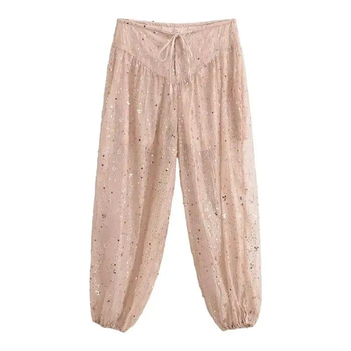 Pantalon Harem à Paillettes pour Femme - Pantalon Chic à Cordon de Serrage et Jambes Fuselées, Colle