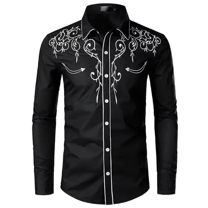 Chemise brodée pour homme 2026, style western, pour club, soirée, mariage, à manches longues, col à 
