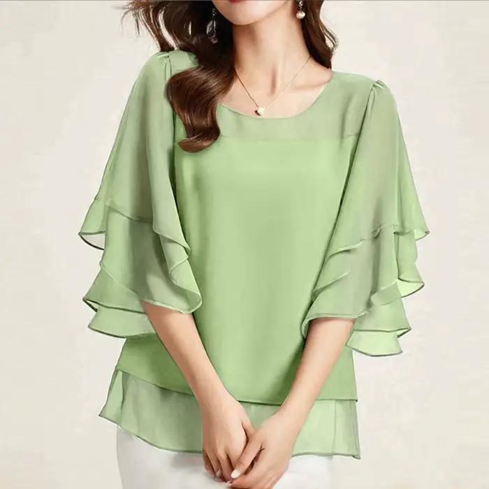 2025 ZANZEA mode femmes chemisier en mousseline de soie couleur unie hauts tunique automne 3/4 manch