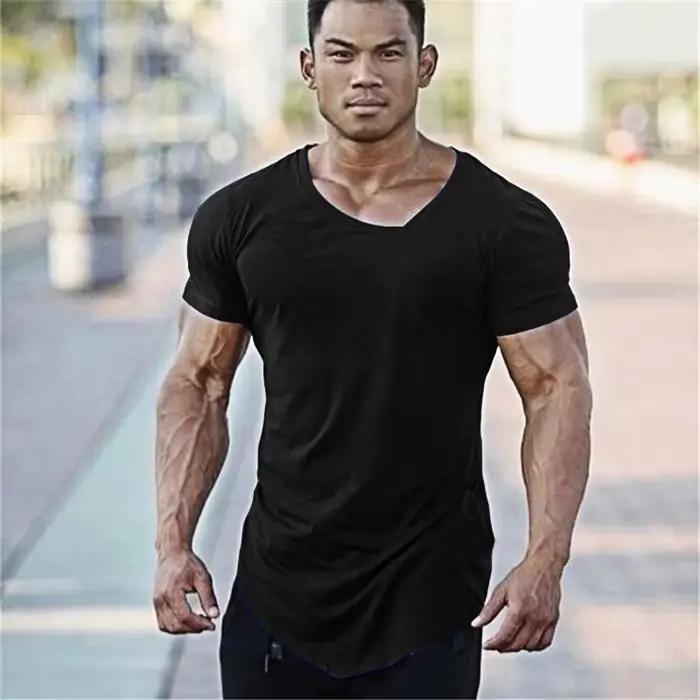 Couleur unie à manches courtes coupe ajustée col en v chemises gymnase musculation Fitness Muscle T-