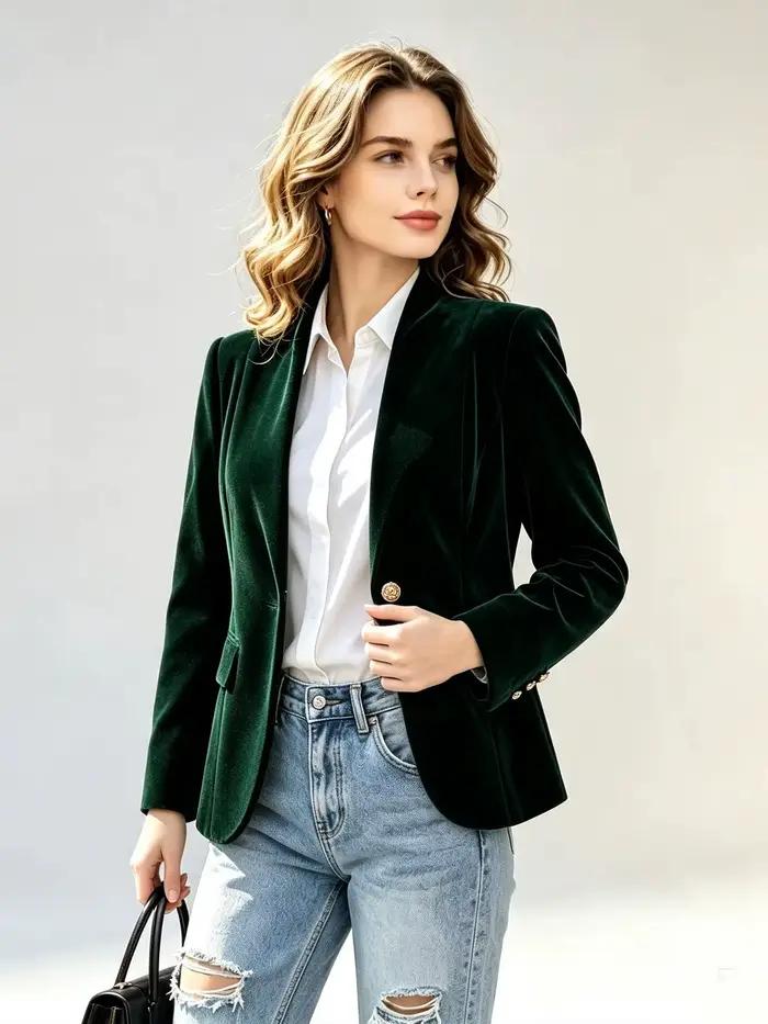 Blazer élégant en velours vert foncé pour femme, col montant, boutons dorés, coupe ajustée, style dé