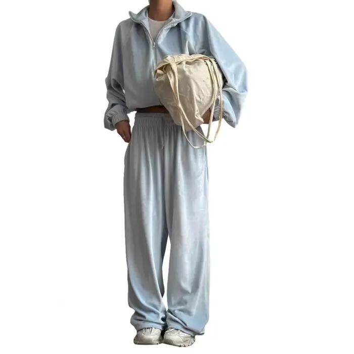 Ensemble de survêtement en velours pour femme, deux pièces, veste courte zippée et pantalon long, te