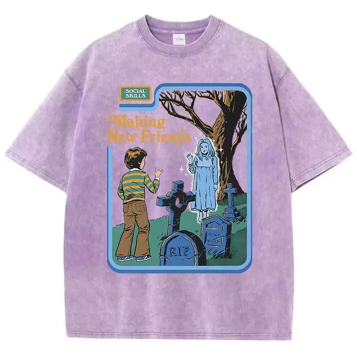 T-Shirt Décontracté et Respirant en Coton pour Homme et Femme, Vêtement Hip-Hop Délavé, Style Rétro