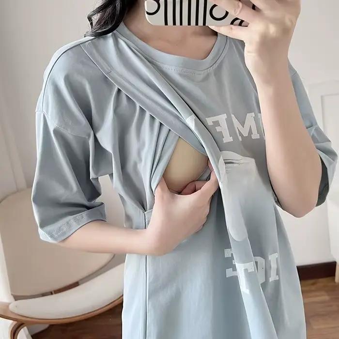 T-shirt d'allaitement de maternité à manches courtes, longueur midi, vêtement post-partum confortabl