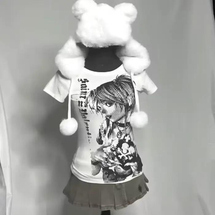 Y2k anime Streetwear col rond 90s texte impression hauts femmes Harajuku vêtements Simple Vintage T-