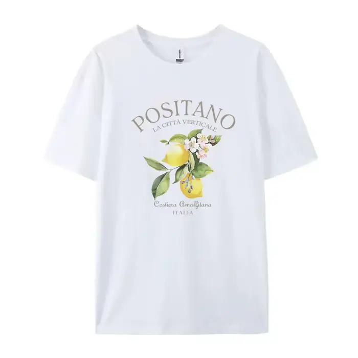 Positano citron imprimé T-shirt à manches courtes col rond haut décontracté pour l'été et le printem