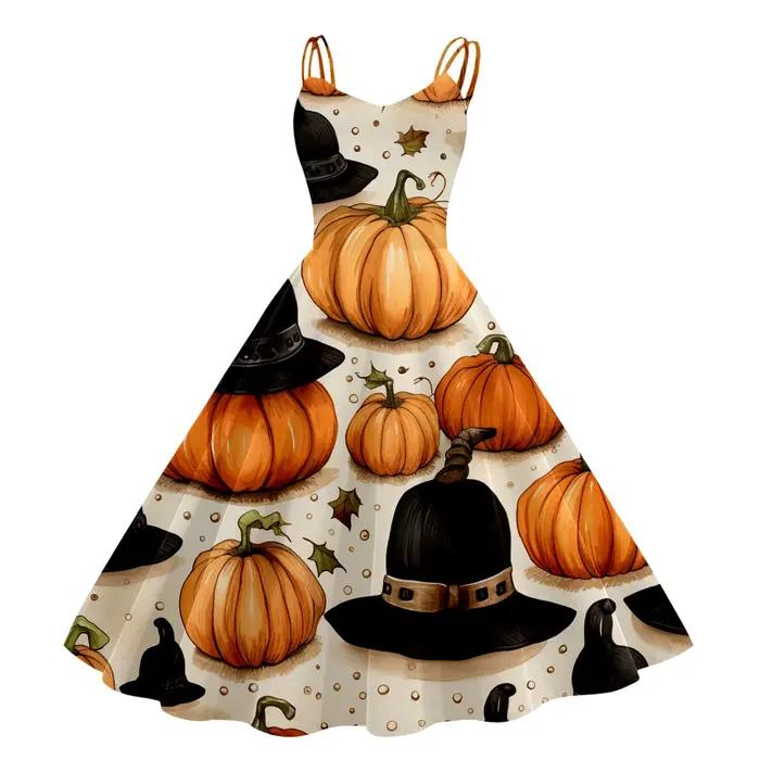 Robe Gothique Vintage à Bretelles et Imprimé Tête de Chauve-Souris pour Femme, Tenue de Rockabilly P