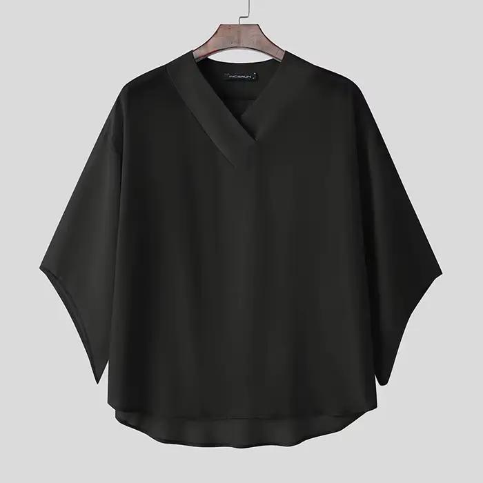 INCERUN hommes t-shirt couleur unie col en V demi manches surdimensionné mâle t-shirt hauts Streetwe