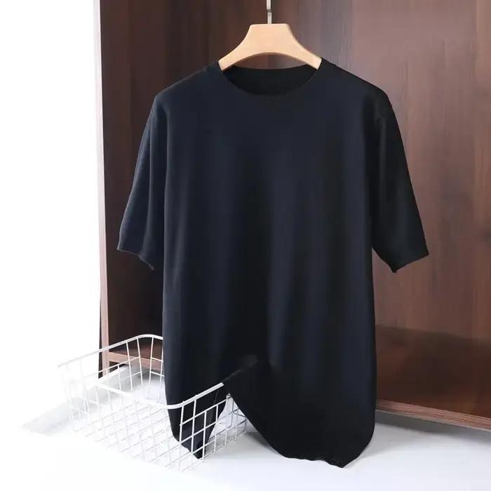 2025 T-shirt en laine mérinos super fine pour hommes tricoté col rond respirant mince cachemire à ma