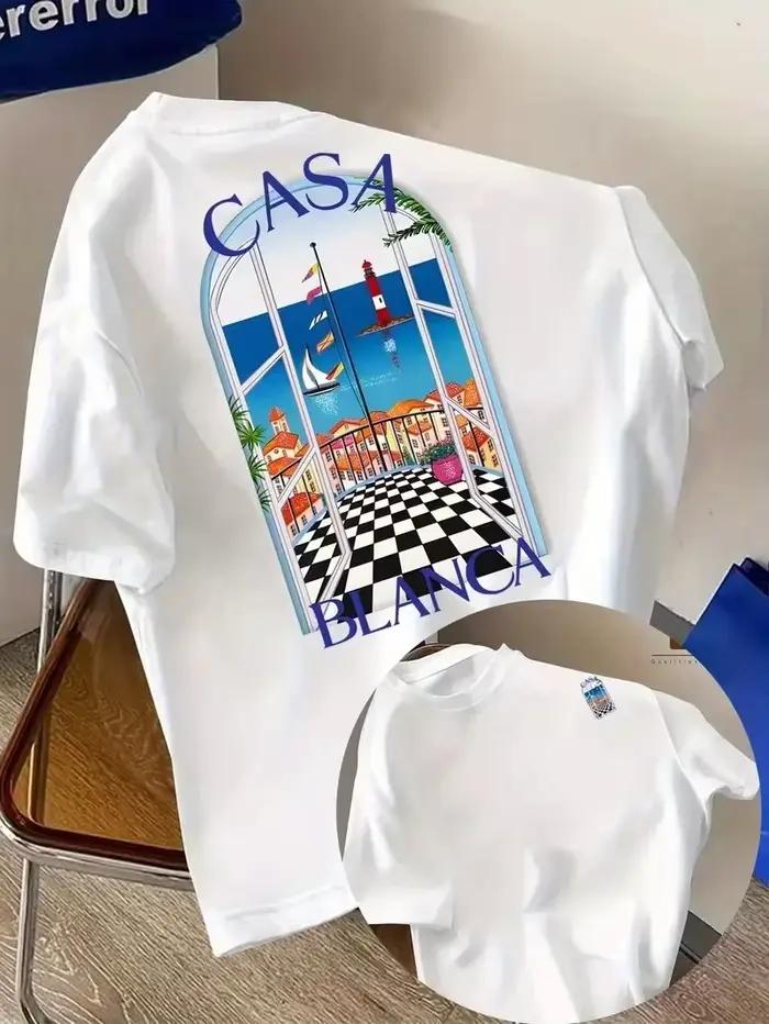 T-shirt en coton avec motif graphique, marque de luxe tendance, Art Casa, esthétique architecturale,
