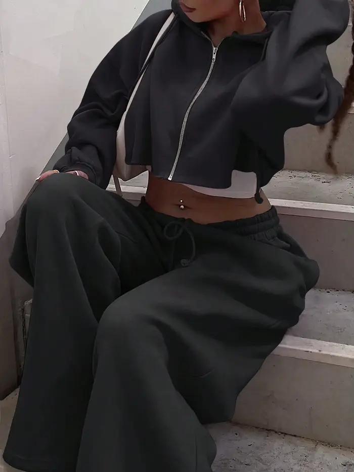 Femmes à capuche fermeture éclair recadrée sweat et pantalons longs 2 pièces ensembles 2025 automne 