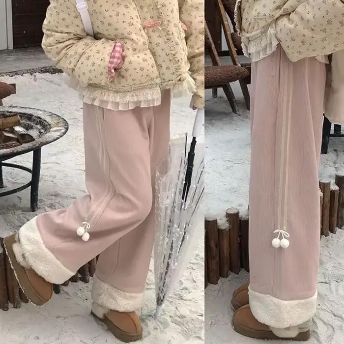 Pantalon en molleton de velours côtelé rose doux pour femme, mignon, petit décor de boule de fourrur