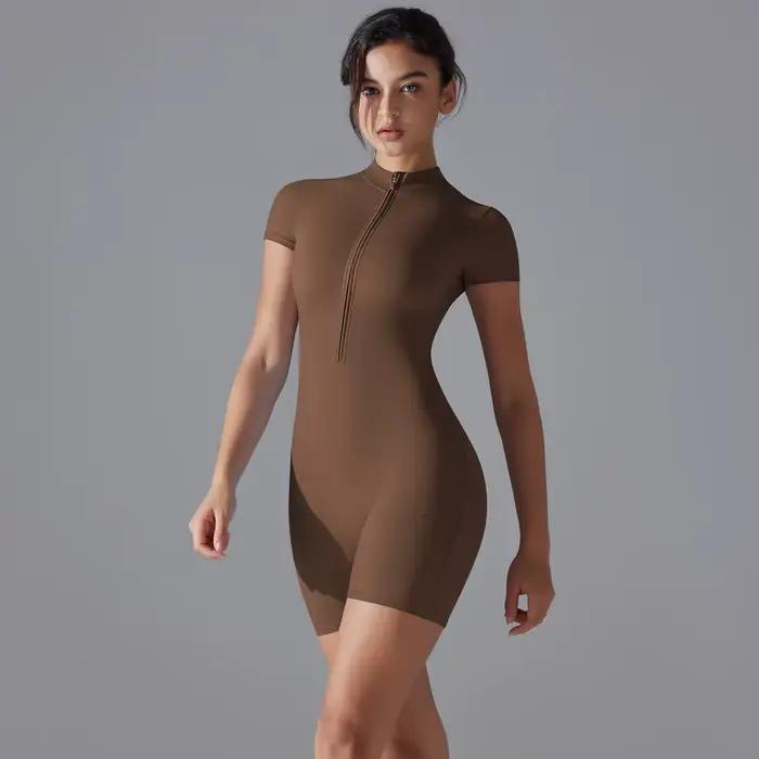 Ensemble de Yoga, combinaisons une pièce pour femmes, fermeture éclair, manches courtes, vêtements d