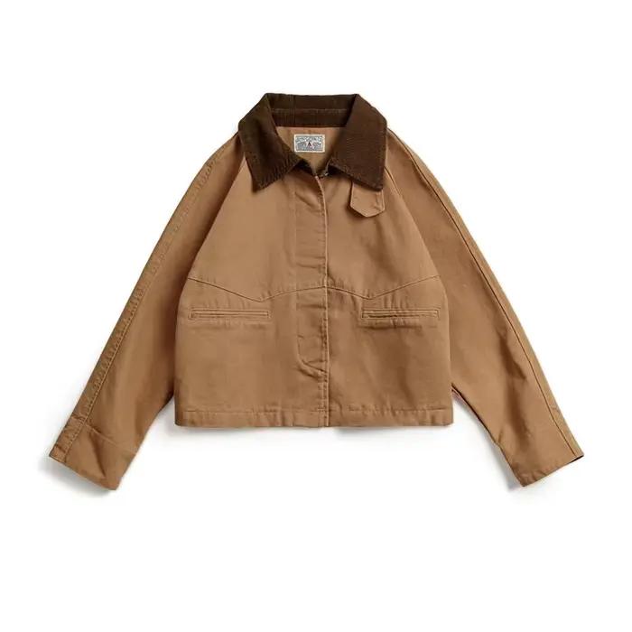 Maden Veste de grange rétro kaki à col en velours côtelé pour femme, vêtement d'extérieur en toile l