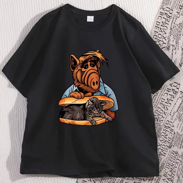 Drôle Alf manger chat T-shirt casual col rond coton à manches courtes T-shirt Streetwear hommes femm