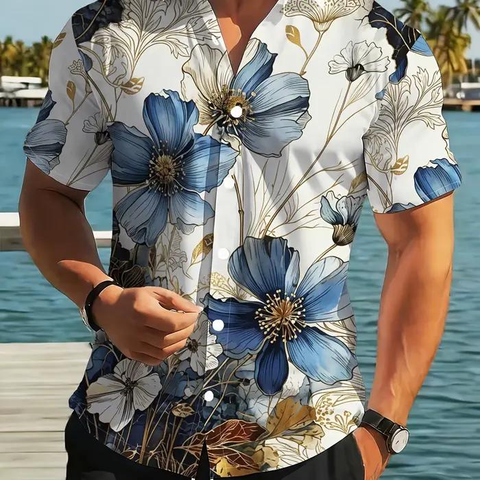 Chemise à manches courtes pour homme, imprimé floral bleu et blanc, décontractée, style hawaïen, bou