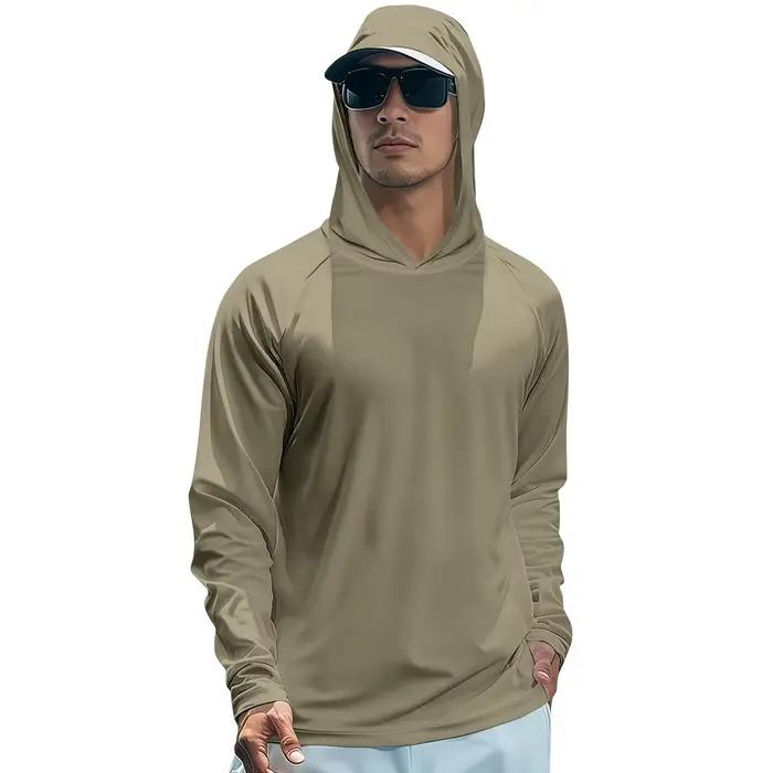 Chemise de protection solaire à capuche pour homme, à séchage rapide, à manches longues, avec trous 