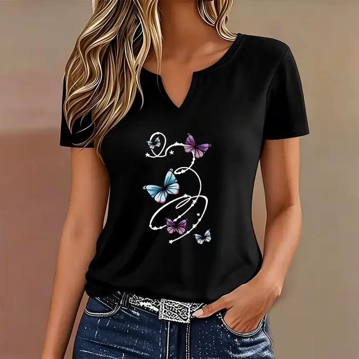T-shirt graphique coloré à col en V pour femme, décontracté et tendance, à manches courtes, pour l'é