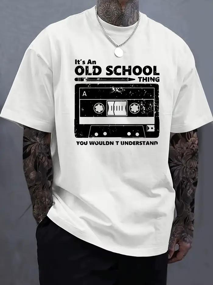 T-shirt blanc avec motif cassette old school, 100% coton, pour homme, s'accorde bien avec toutes les