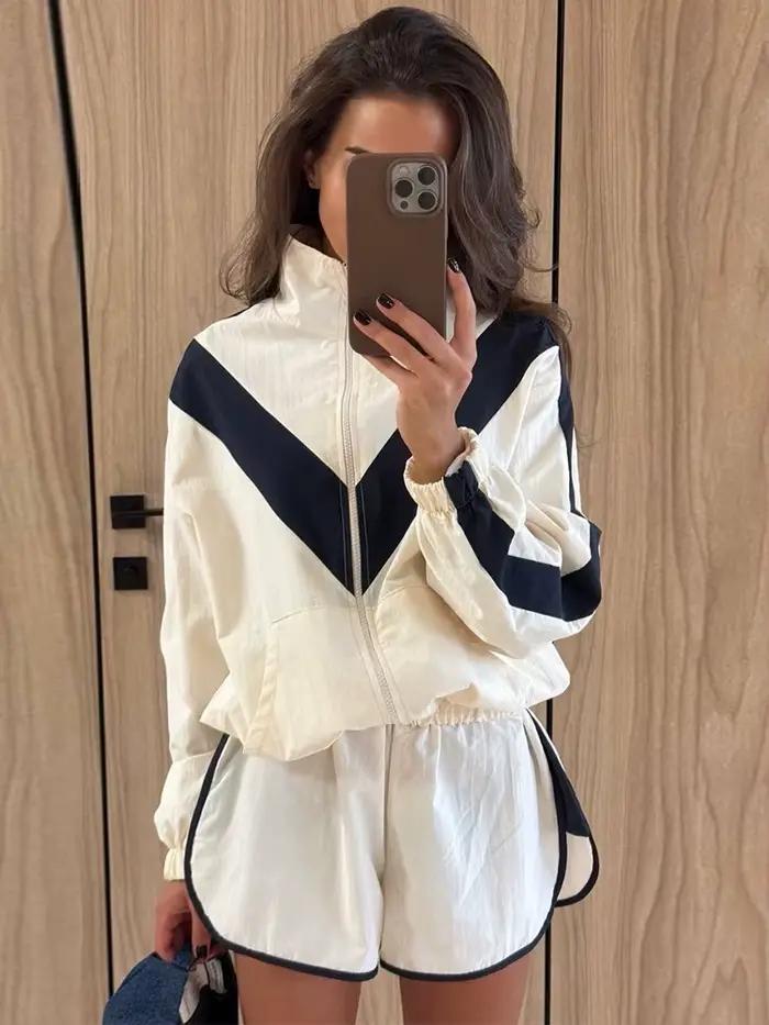 Ensemble de survêtement décontracté pour femme, coupe-vent bleu marine à rayures chevron, veste cour