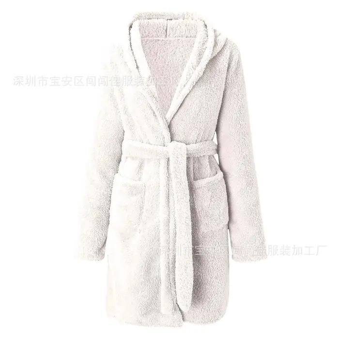 Robe de bain pour femmes, pyjama d'hiver en peluche moelleuse, Sexy, à capuche, couleur unie, peigno