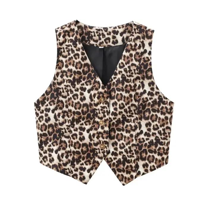MUJER imprimé léopard gilets pour femmes gilet recadrée sans manches gilet femme mode veste courte f
