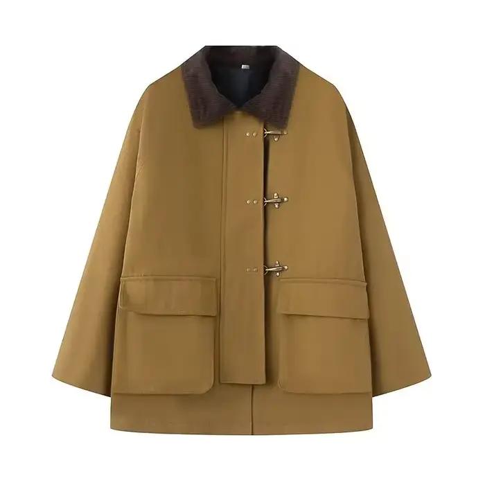 Veste à col rabattu en Faux daim pour femme, manteau Chic surdimensionné à poches multiples, mode Pa