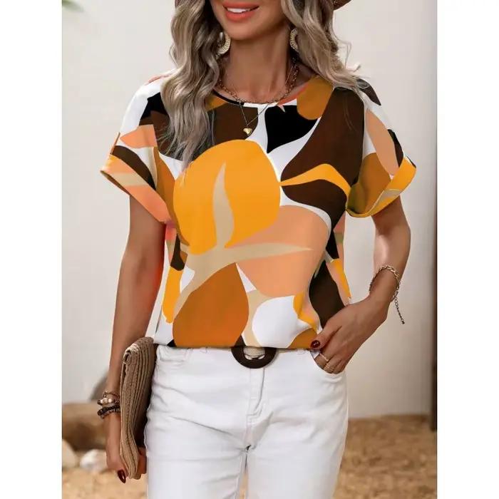 T-shirt à motif géométrique pour femmes, blocs de couleurs colorés, imprimé en 3D, manches courtes, 
