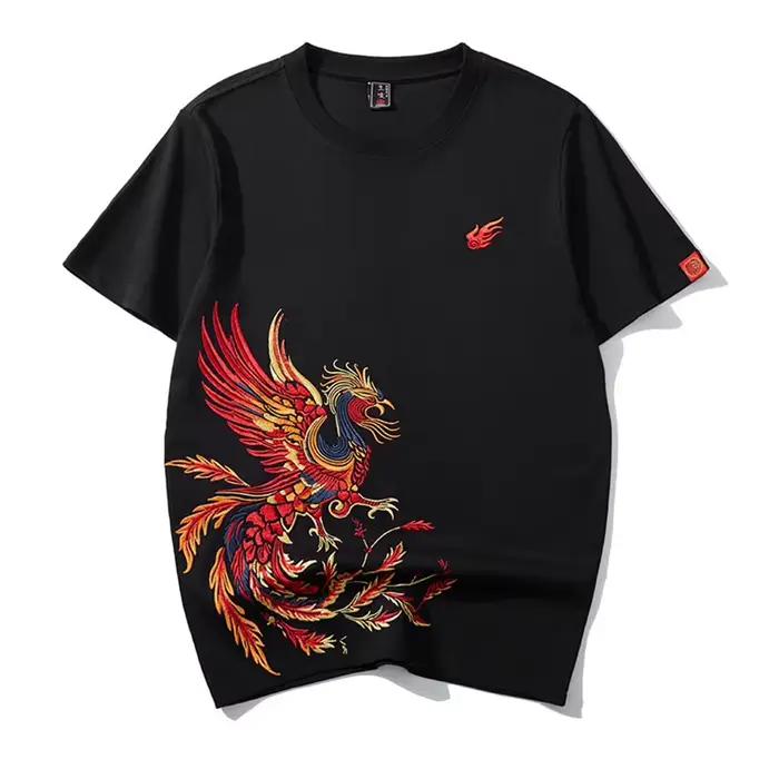 T-shirt brodé Phoenix pour homme, en coton tricoté de luxe, style hip-hop, lourd, manches courtes, c