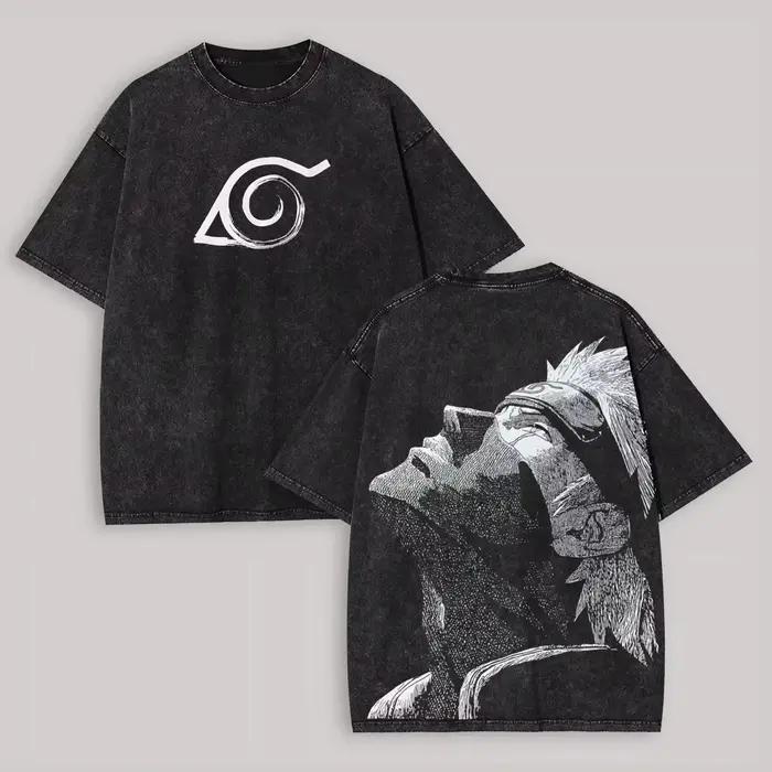 T-shirt Kakashi Hatake Naruto pour homme, imprimé au dos effet délavé, motif anime Konoha, streetwea