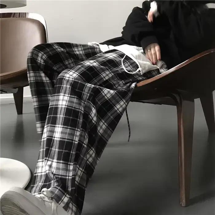 Pantalon de survêtement oversize pour femme, motif écossais noir, décontracté, coupe ample, taille é