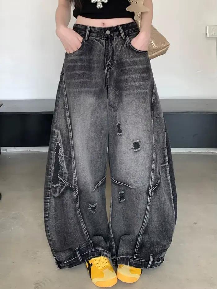 2025 Ropa Y2K Streetwear Vintage noir gris Baggy déchiré empilé jean pantalon pour femmes vêtements 