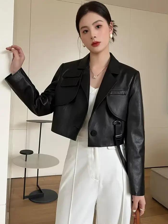 Veste en cuir véritable noir pour femmes, haut de gamme, décontracté, nouvelle tendance, bouton uniq