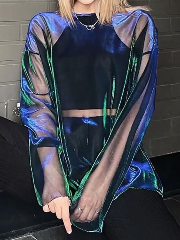 T-shirt transparent à manches longues et col rond pour femme, haut Sexy, couleur unie, vêtements de 