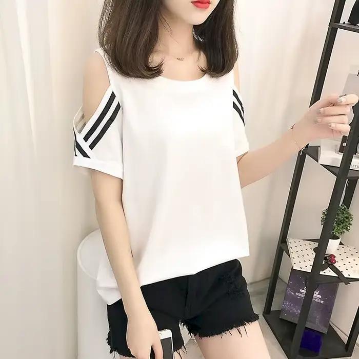T-shirt ample à manches courtes pour femme, haut estival et fin, surdimensionné, à épaules dénudées,