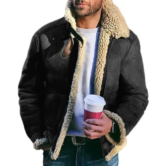 Veste d'hiver épaisse et chaude en Faux cuir pour homme, manteaux chauds, col rabattu, couleur contr