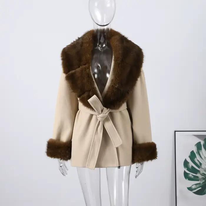 Manteau de fourrure à col de costume pour femme, bouton caché, manches longues, fourrure solide, amp