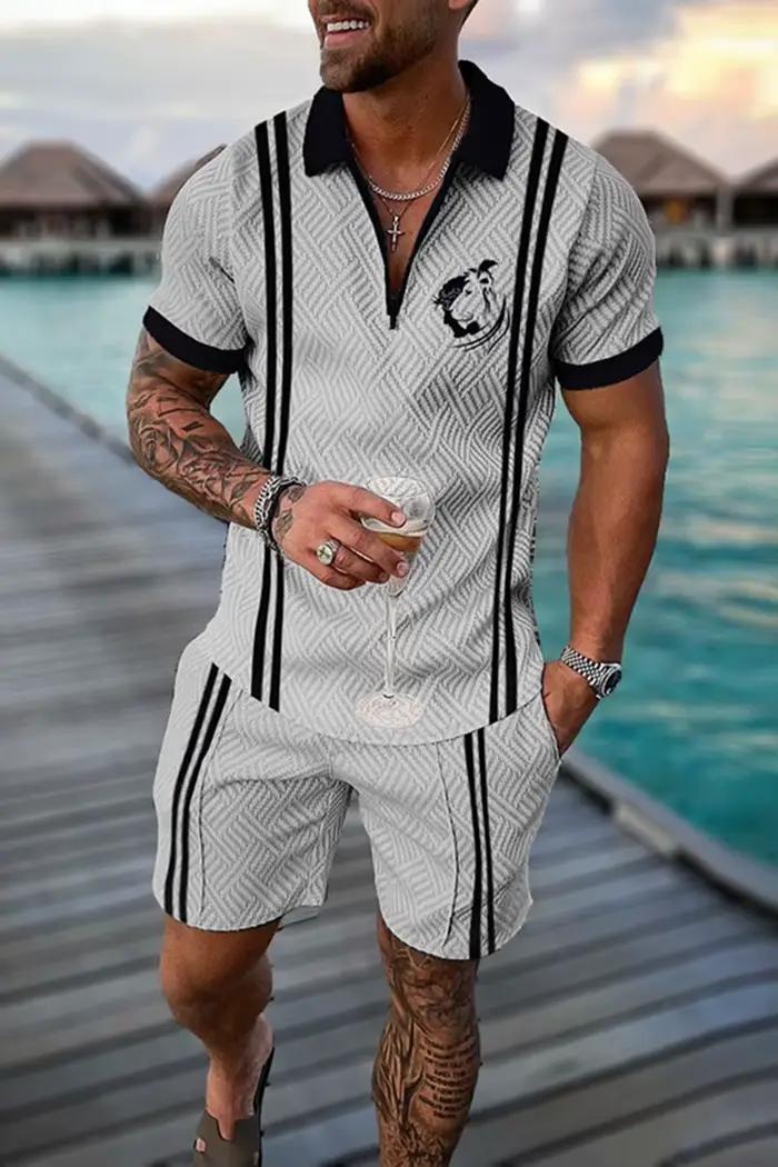 Ensemble de survêtement d'été pour homme : Polo à manches courtes et pantalon, imprimé chaîne, style