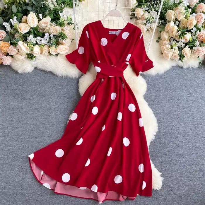 Korobov-Robe imprimée à pois française pour femmes, vêtements éducatifs, laçage à la taille, mince, 