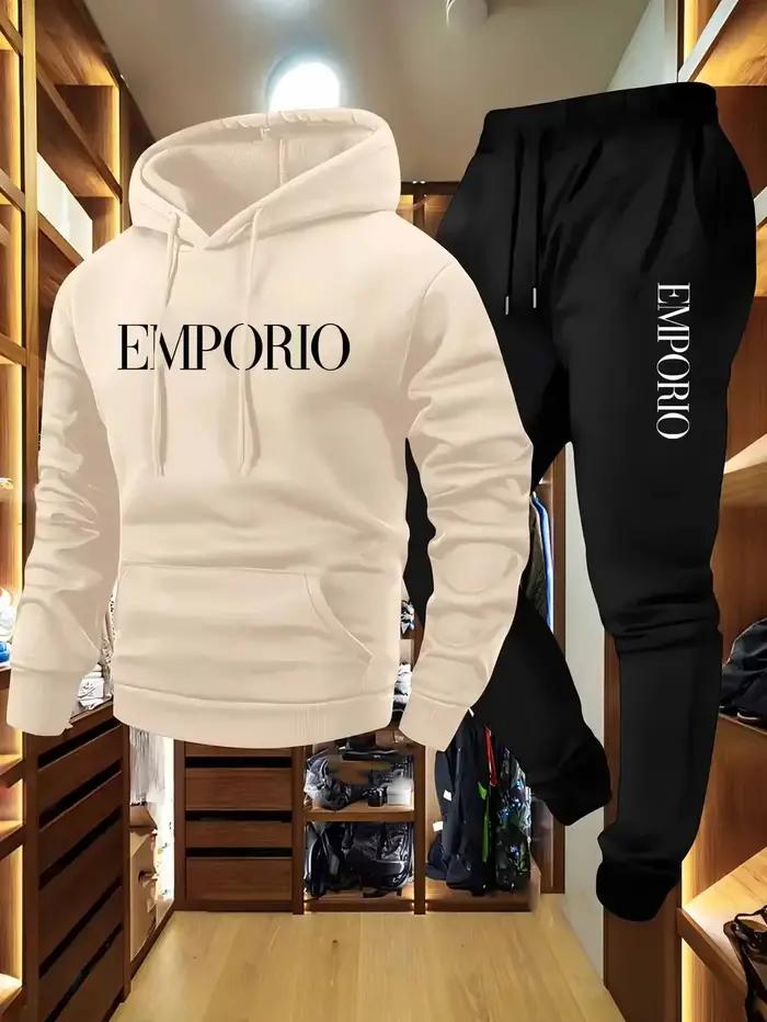 Ensemble jogging décontracté vert olive pour homme 2025 avec sweat à capuche EMPORIO imprimé et cord