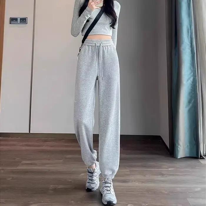 Pantalon de sport gris pour femme, coupe ample et décontractée, nouveau style automne-hiver, petite 