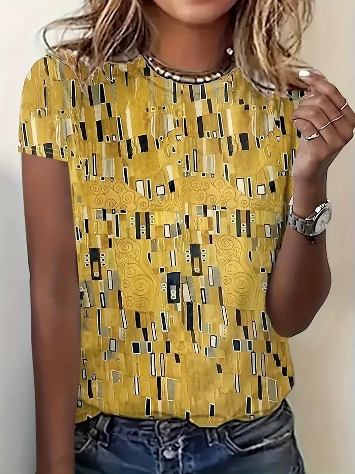 T-shirt jaune moutarde pour femme - Motif géométrique Art déco, design imprimé rétro élégant pour un