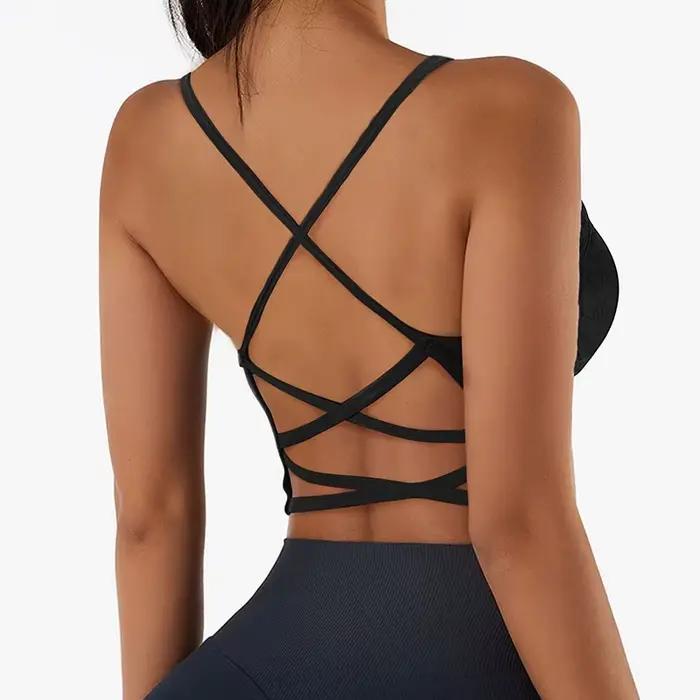 Soutien-gorge Push-Up respirant à bretelles croisées pour femme, haut court de sport, yoga et fitnes