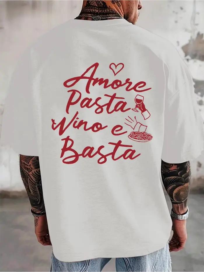 T-shirt pour homme sur le thème du vin italien, imprimé spaghetti avec slogan italien « Amore Pasta 