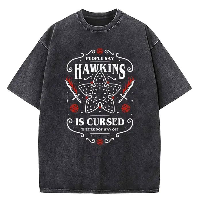 Demogorgon Hawkins Vintage lavé t-shirt femmes hommes Anime coton t-shirt été Harajuku hauts de rue 