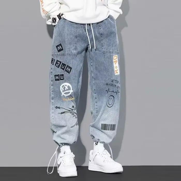 Vêtements coréens hommes lettre imprimé jean taille haute Baggy jean dessin animé Graffiti Hip-Hop p