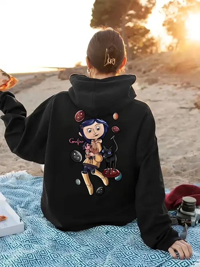 Sweat à capuche imprimé de personnage de dessin animé sur le thème de Coraline pour femmes, mode déc