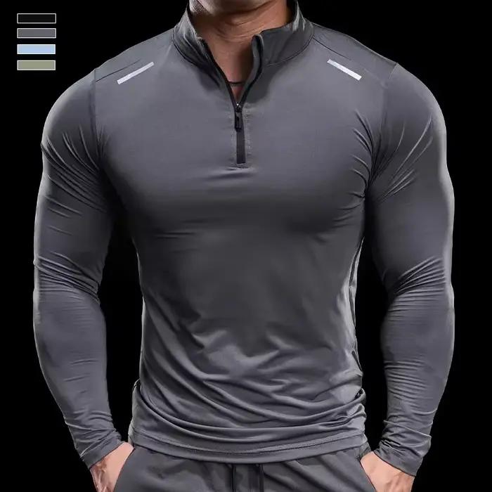 T-shirt à manches longues avec col montant et fermeture éclair pour homme, élastique, serré, t-shirt