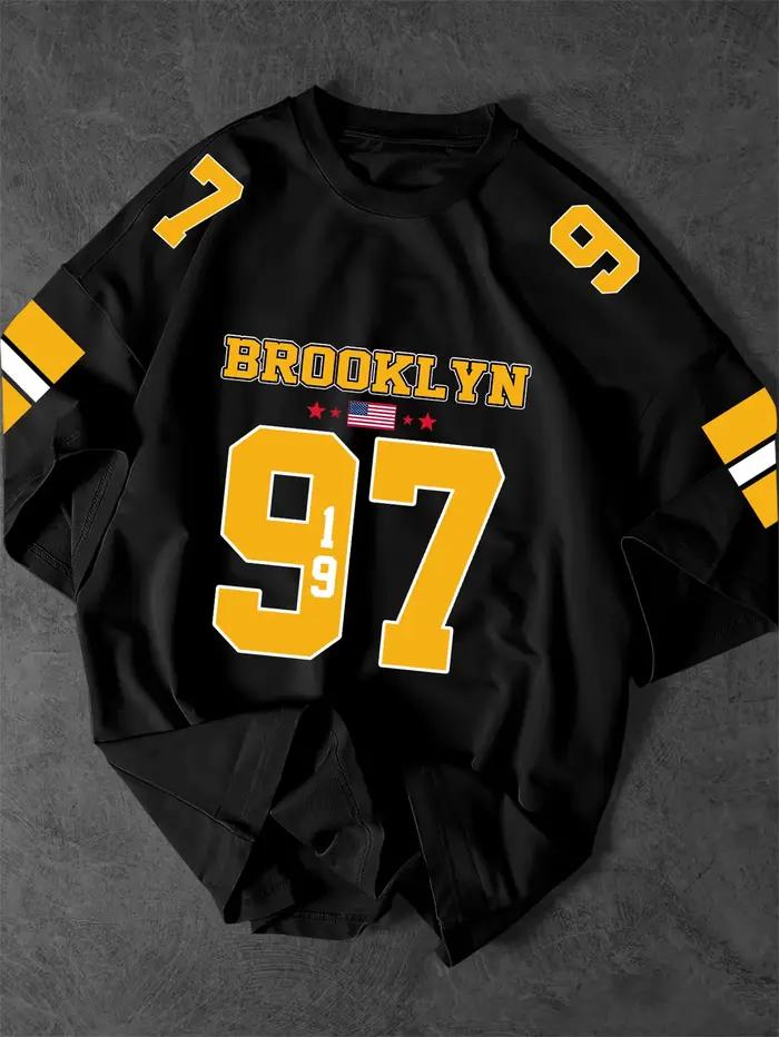 T-shirt surdimensionné pour homme, imprimé rétro Brooklyn 97 avec lettres et drapeau, mode streetwea