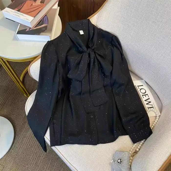 Chemise noire à paillettes pour femmes, haut en mousseline de soie à manches longues, Style français